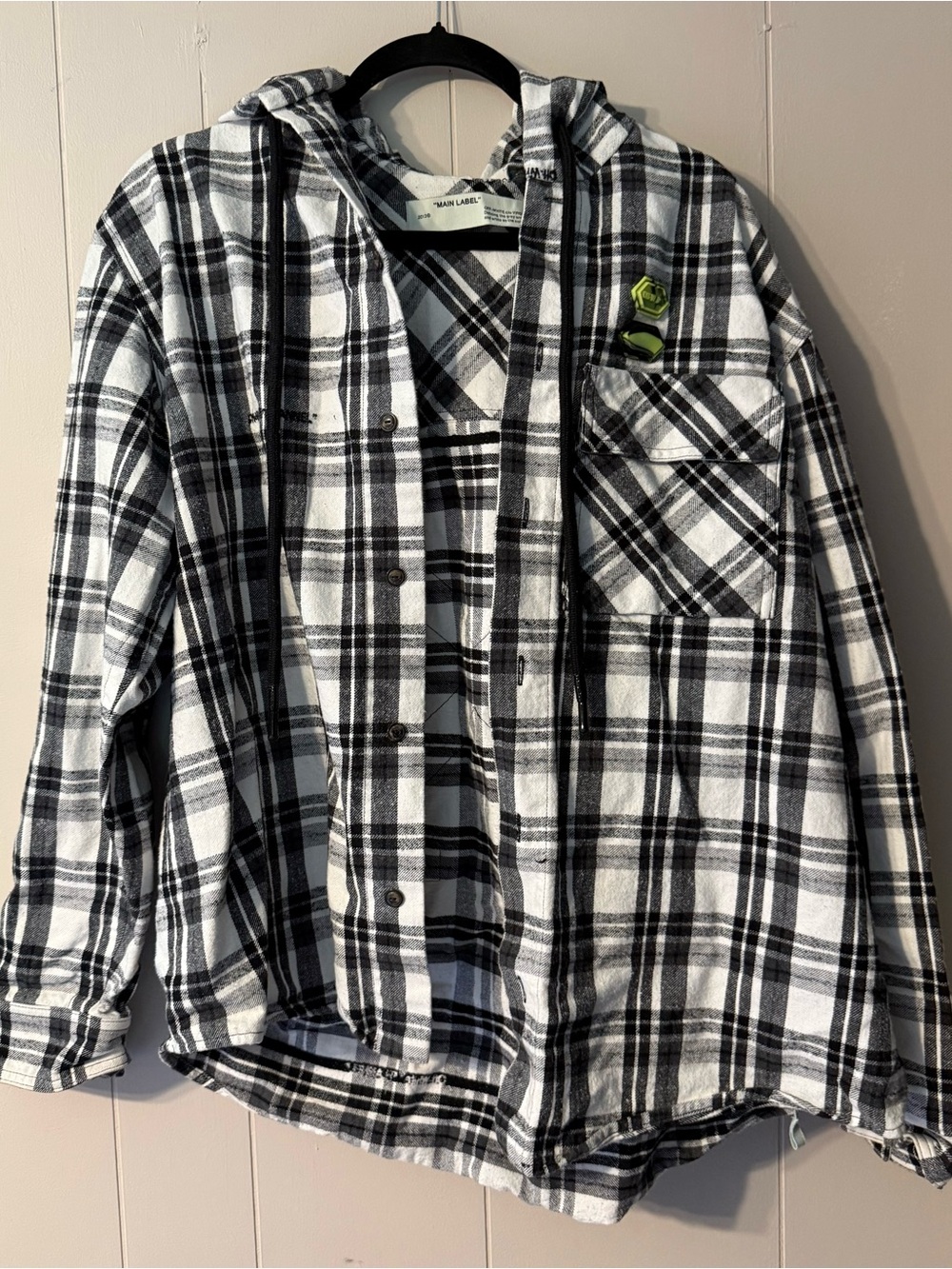 Off-White Virgil Abloh Diag Arrow Plaid Flannel Hoodie Shirt Jacket Black White